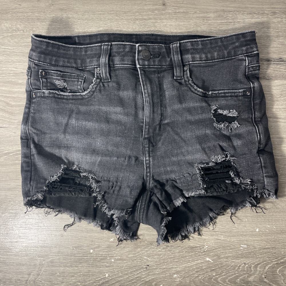American Eagle Womens Black Denim Shorts Size 6 Distressed Destroyed Cutoff